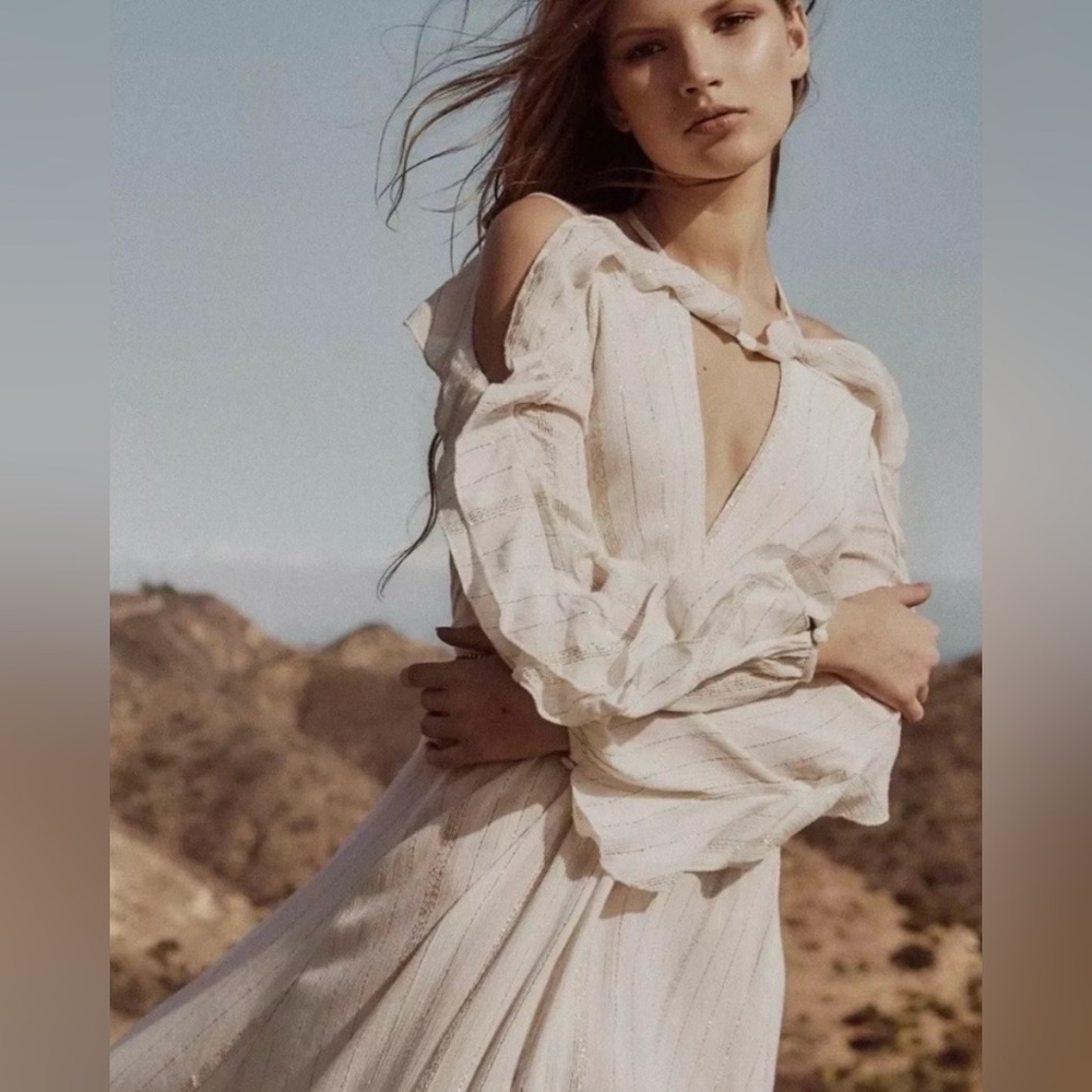 FREE PEOPLE Huxley Maxi Dress Ruffle Cutout Open Back Metallic Stripe Boho